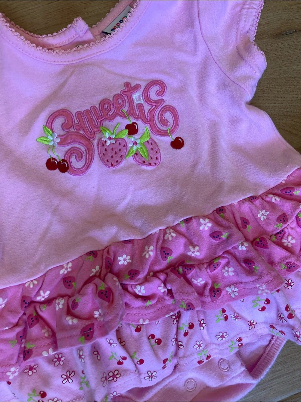 okie dokie Vintage Pink Strawberry & Cherry ‘Sweetie’ Ruffle Onesie